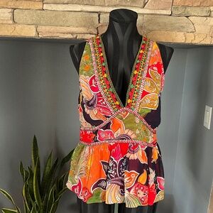 Anthropologie Verb Y2K Tiki Party Top Embroidered Boho Hippie Jungle Red Green L